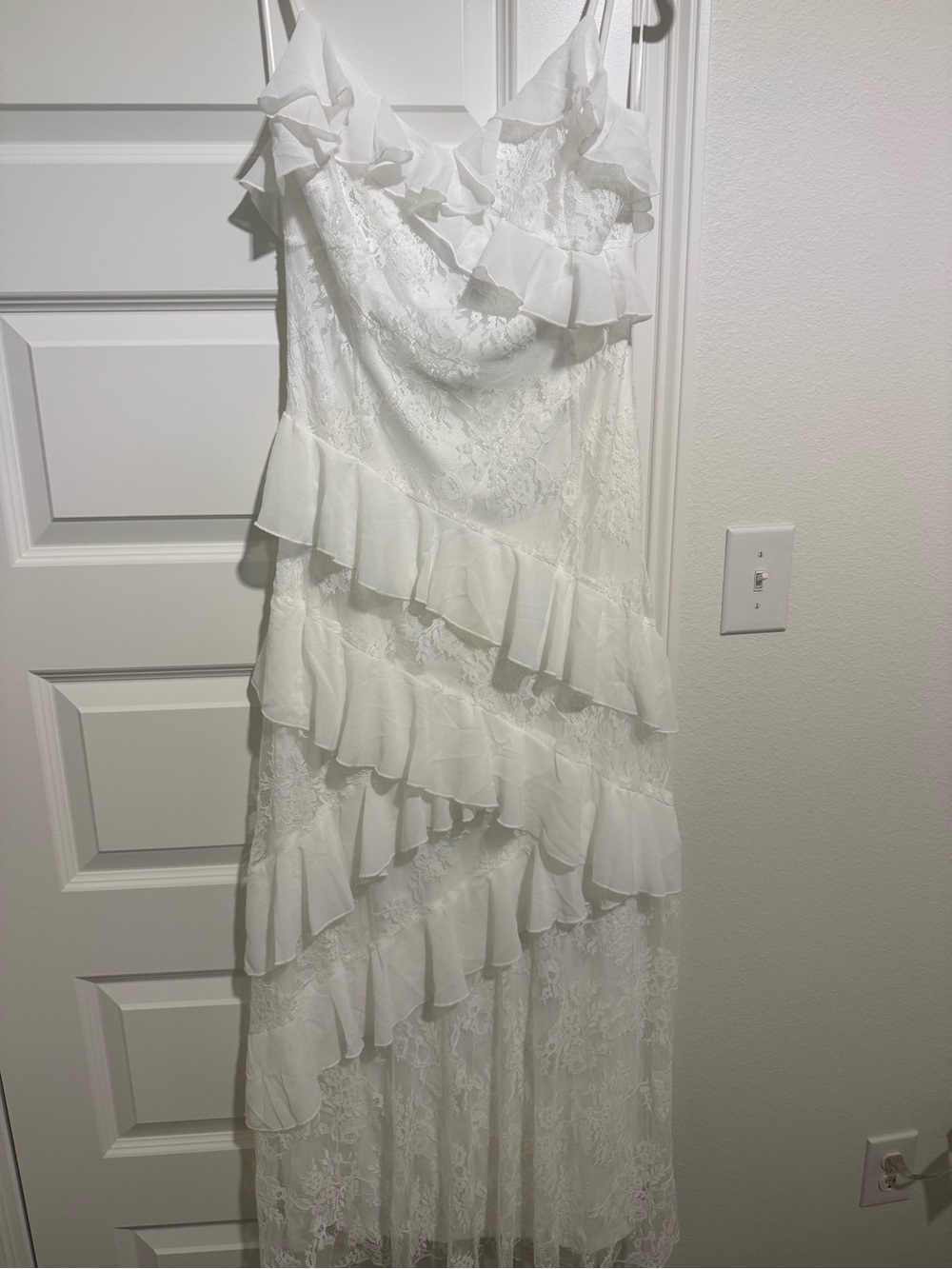 White Lace Ruffle Slip Dress with Draped Neckline